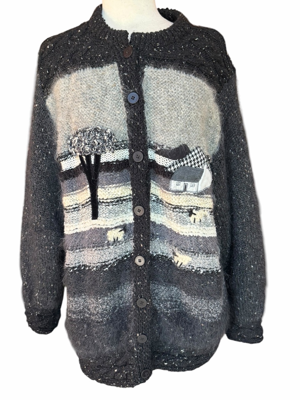 1980s/90s Rosemarie B. Hand-Knitted Irish Pastoral Landscape Cardigan